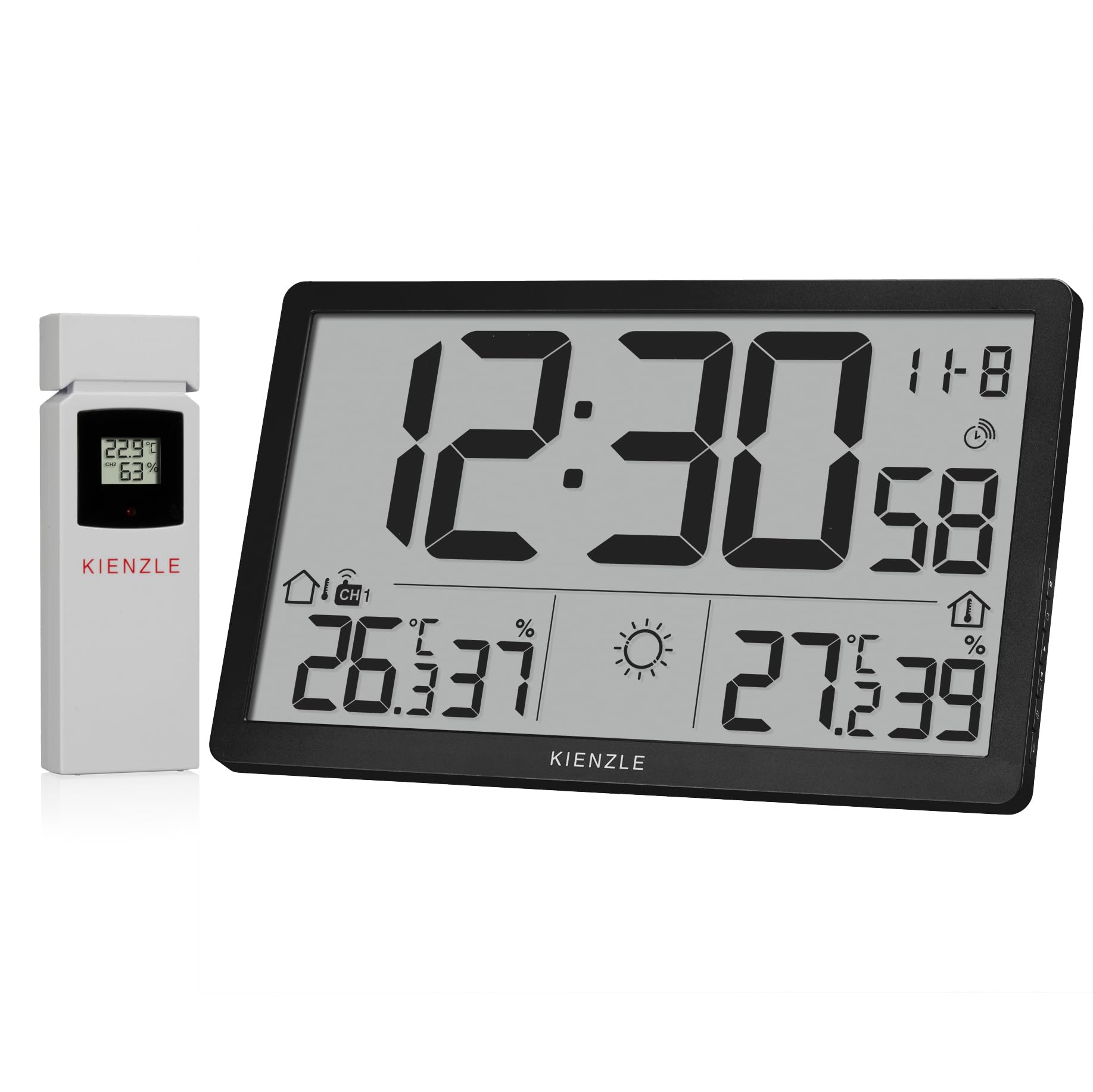 Kienzle Jumbo NEO LCD Wetter Wanduhr schwarz mit XXL Display Außensensor | Innen und Außentemperatur, Luftfeuchtigkeit, Wettervorhersage, Luftdruck, DCF Zeit, Wecker, Max Min Speicher, 80 m