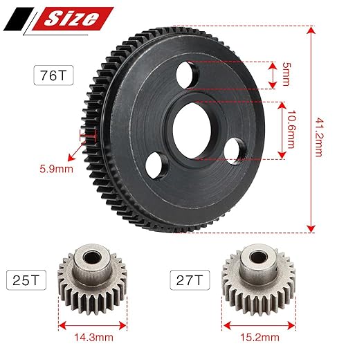 Miniatura 3 de GLOBACT Metal Steel 76T 48P Spur Gear Set Slash Gear con 25T 27T Piñones Engranajes para Slash Stampede Bandit Rustler 2WDVXL 110 RC Camión