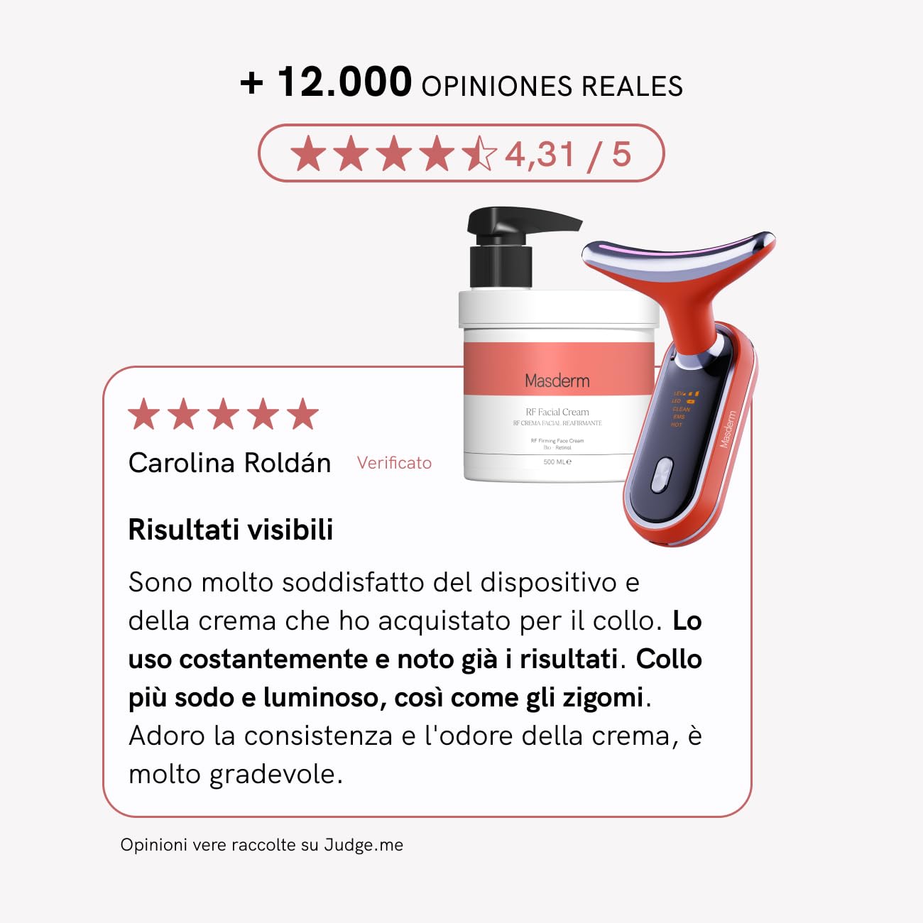 MASDERM | Confezione massaggiatore viso e collo + crema viso a radiofrequenza idratante 500 ml | rassodante antirughe | Massager galvanica facciale | Red Light Therapy Face | Trattamento professionale