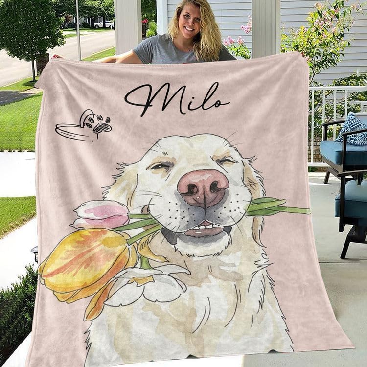 Gossby Custom Photo Dog Portrait Blanket with Name - Personalized Dogs Fleece Blanket - Christmas, Memorial, Birthday Gift Dog Mom & Dad - Custom Gift for Dogs Lover Women, Men V1