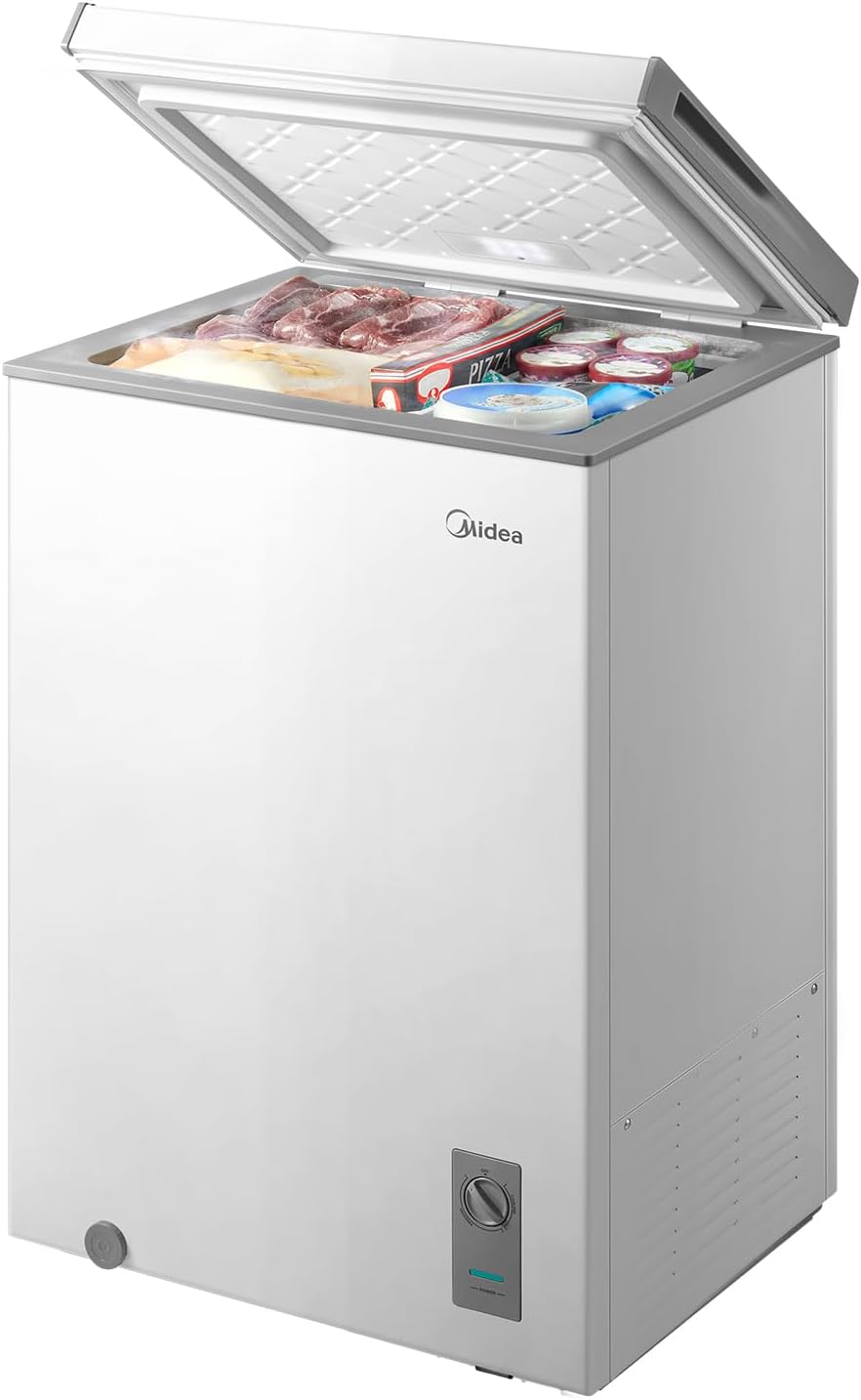 Midea MERC04C4BAWW Chest Freezer, 3.5 Cubic Feet Freezer With Removable Basket, Interior LED Light, Adjustable Temperature, For Kitchen Apartment Office, White 3.5 Cu.ft-Convertible