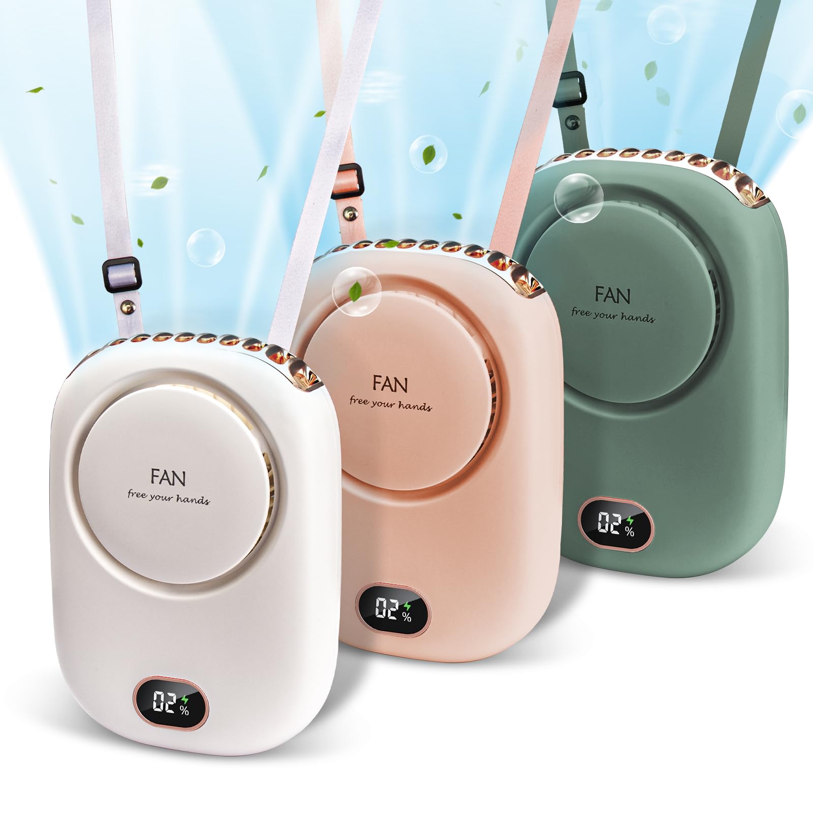PiKaPiKaP 3 Pack Portable Neck Fan, Hanging Neck Fan Hands Free with Adjustable Lanyard and Bracket, USB Rechargeable Bladeless Mini Fans Portable(White+Pink+Green)
