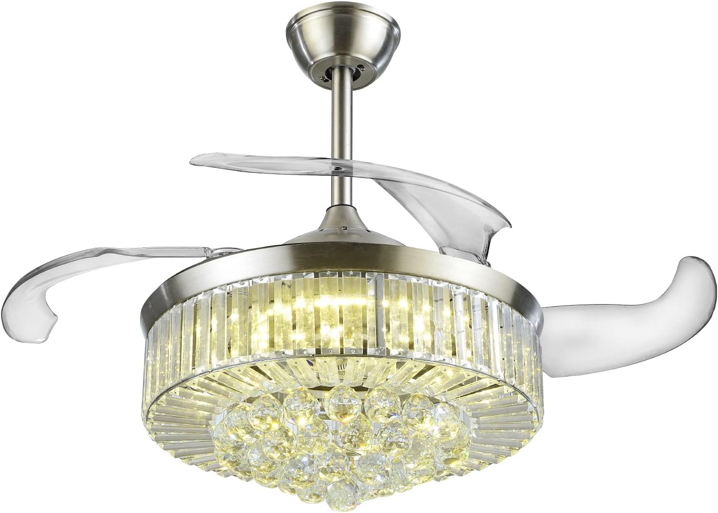 Retractable Ceiling Fan, 42inch Modern Ceiling Fans with Lights,6 Speeds Crystal Chandelier Fandelier Ceiling Fan with Reversible Motor for Bedroom Living Room