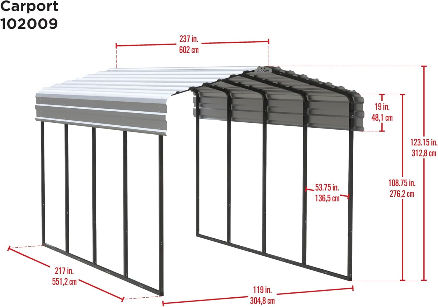 Arrow Carports Galvanized Steel Carport, Compact Car Metal Carport Kit, 10' x 20' x 9', Charcoal