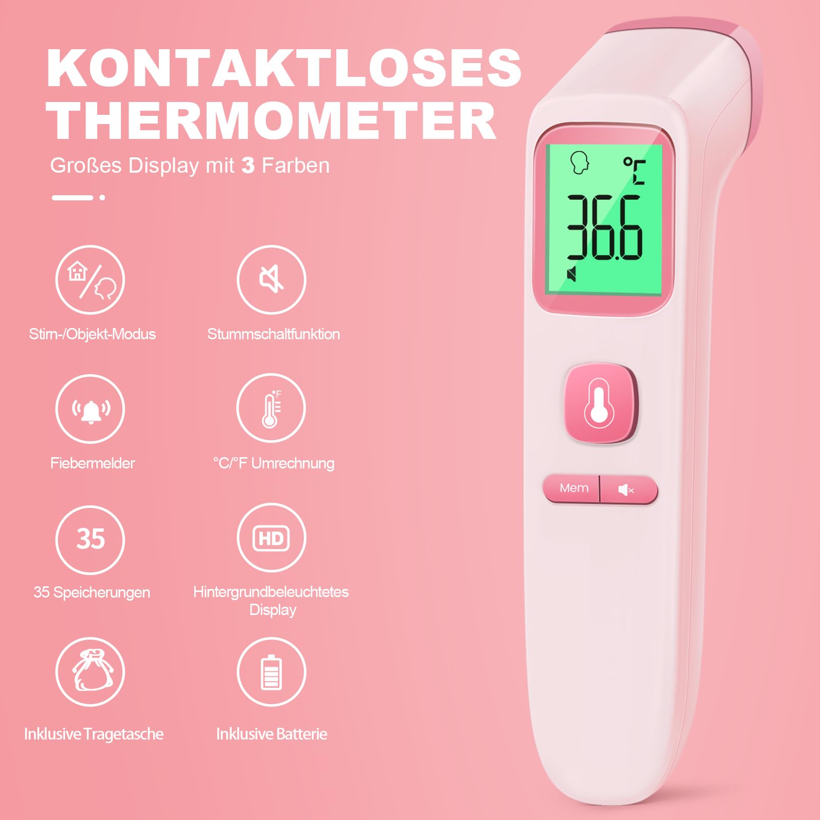 Viproud Termometro digital para fiebre para bebés, niños y adultos, Termometro bebe infrarrojo sin contacto para la Termómetro frente,con mediciones precisas instantáneas,alarma de fiebre (Rosy)