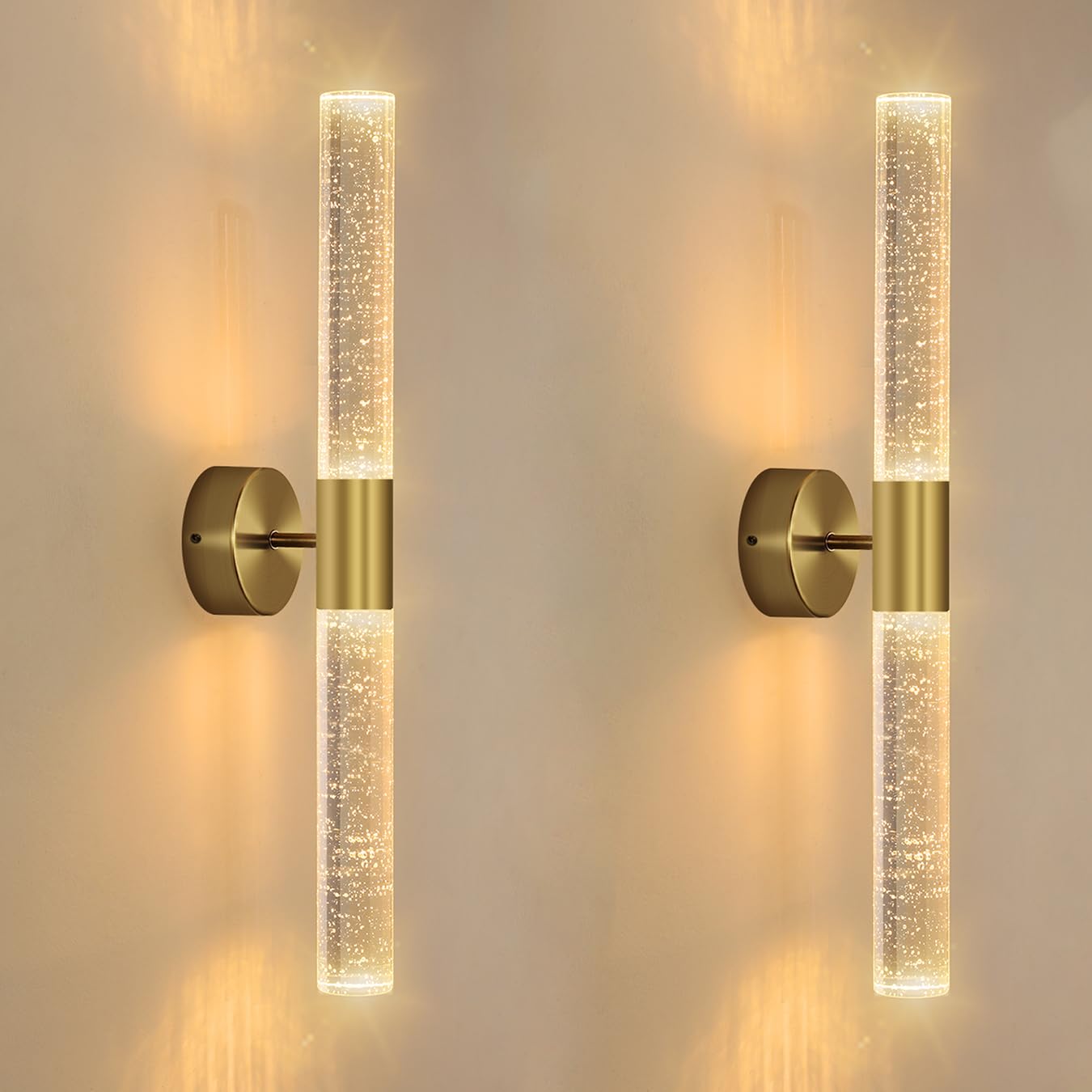 Gold Wall Sconces Set of Two LED Modern Sconces Dining Room Wall Lighting 30W 3000K LED Wall Lights Crystal Hardwired Wall Light Fixtures for Living Room Bedroom Bathroom Hallway