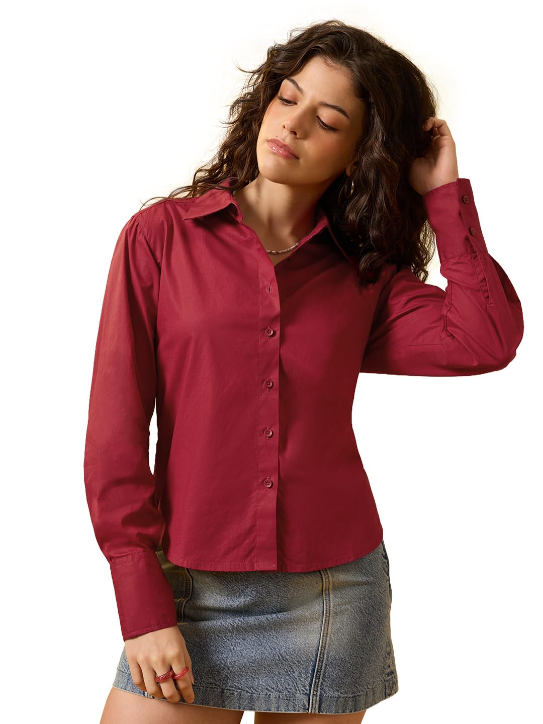 The Souled Store Classic Solids: Baby Blue Women and Girls Full Length Collared Light Blue Solid 100% Cotton Regular Fit Breathable Lightweight Comfortable All-Season Everyday Shirt in blue