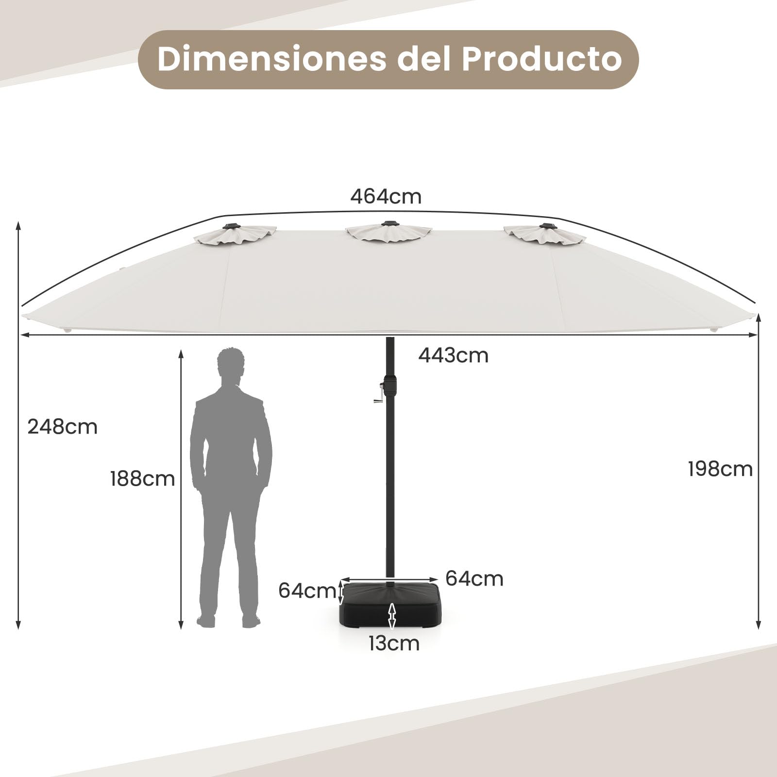 GOPLUS Sombrilla de Jardín con Base, Parasol Doble Plegable 4,6x2,8M con Techo de Protección Solar, 12 Varillas y Sistema de Manivela, Sombrilla Terraza Exterior Impermeable (Beige)