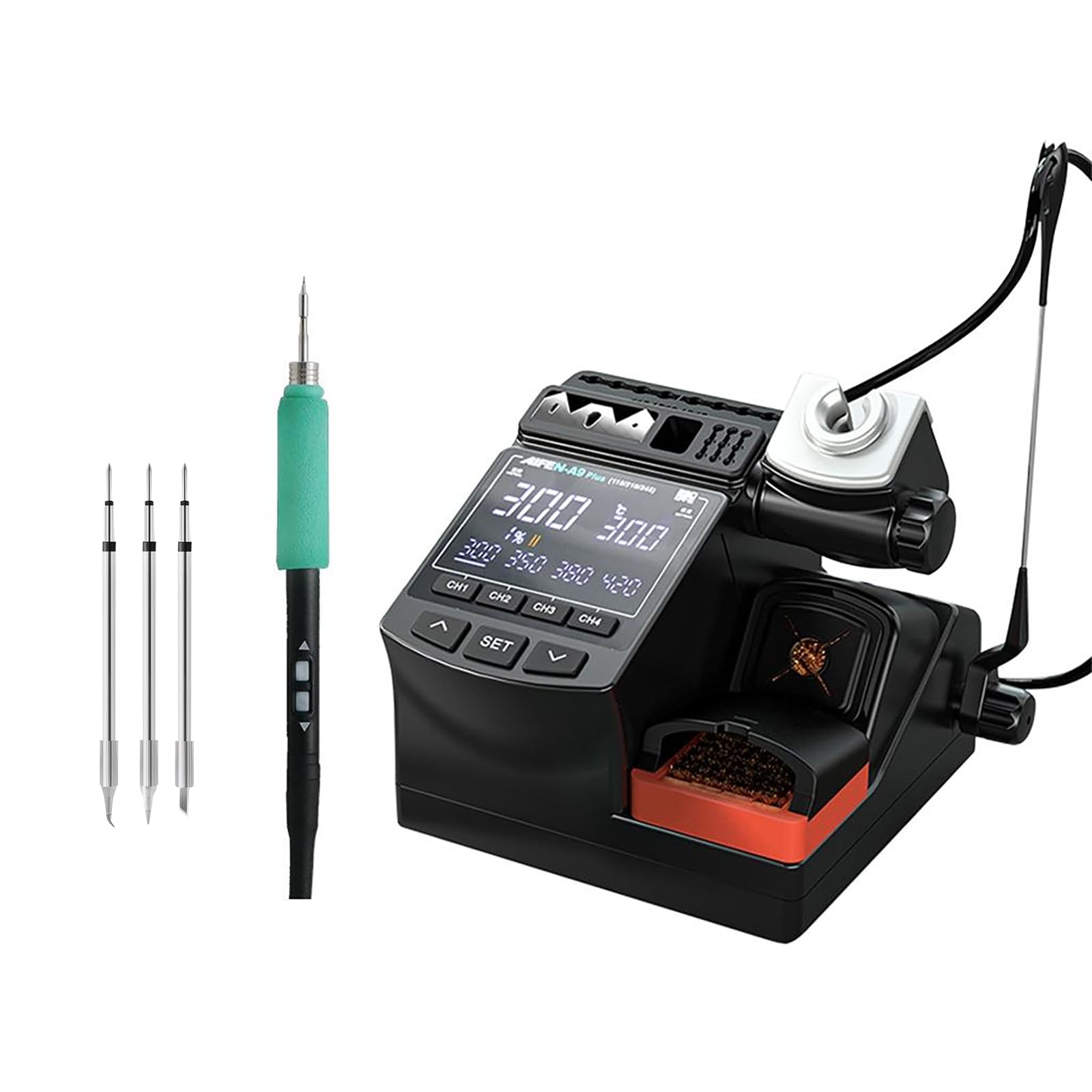 A9 Plus 210 Soldering Station, 110V, Soldering Iron Station with 3 Soldering Iron Tips, 2-second rapid heating (212?-842?), Replaceable soldering iron tip bracket, 4 Temperature Storage