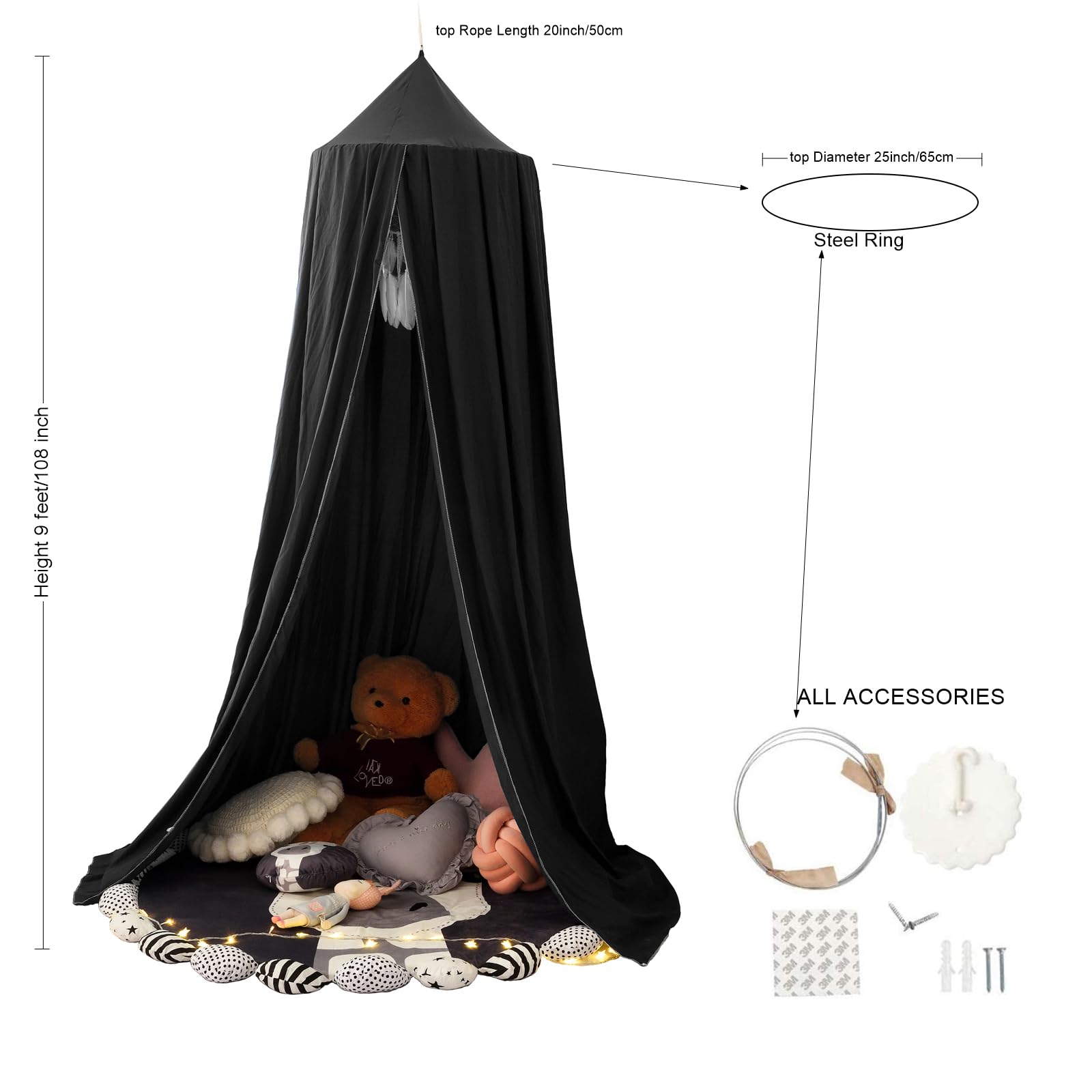 Bed Canopy for Boys Girls,Crib Canopy Curtains,Extra Large Dome Mosquito Net Reading Nook Canopy for Kids Boys Twin Full Queen Size Bed,Fire Retardant Fabric (Black)