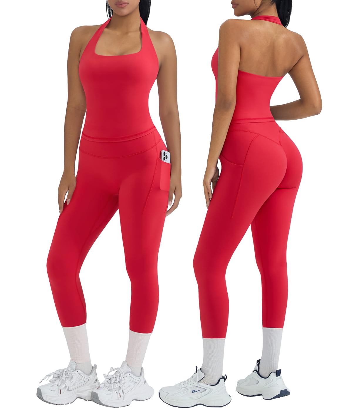 OMKAGI 2 Piece Workout Sets for Women Halter Tops Booty Leggings with Pockets Gym Outfits