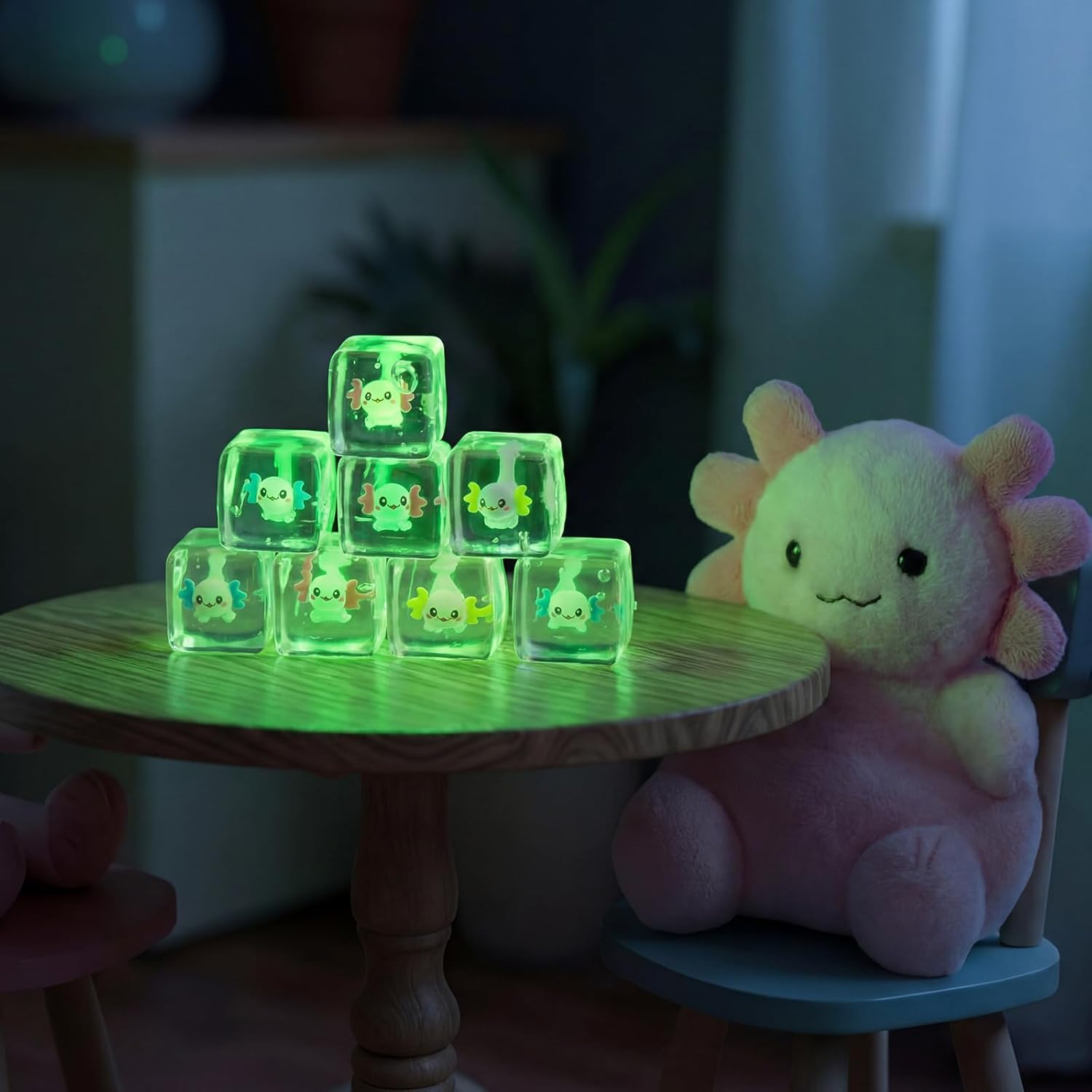Civaner 8 Pcs Squisheez Stress Cube Fidget Toys for Adults, Squeeze Sensory Glow in the Dark Toys with Autism Stress Balls, Sqeeze Cube with Colorful Animal Favors (Axolotl)