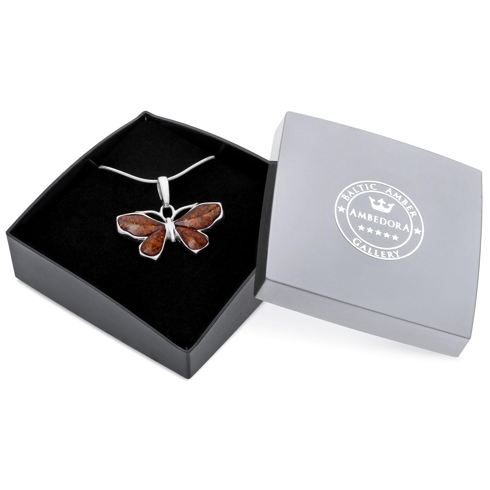 Collar Mujer Pequeña Mariposa I, Plata de Ley Pulida, Ámbar Báltico en Color Coñac, Colgante Mariposa de Plata con Cadena