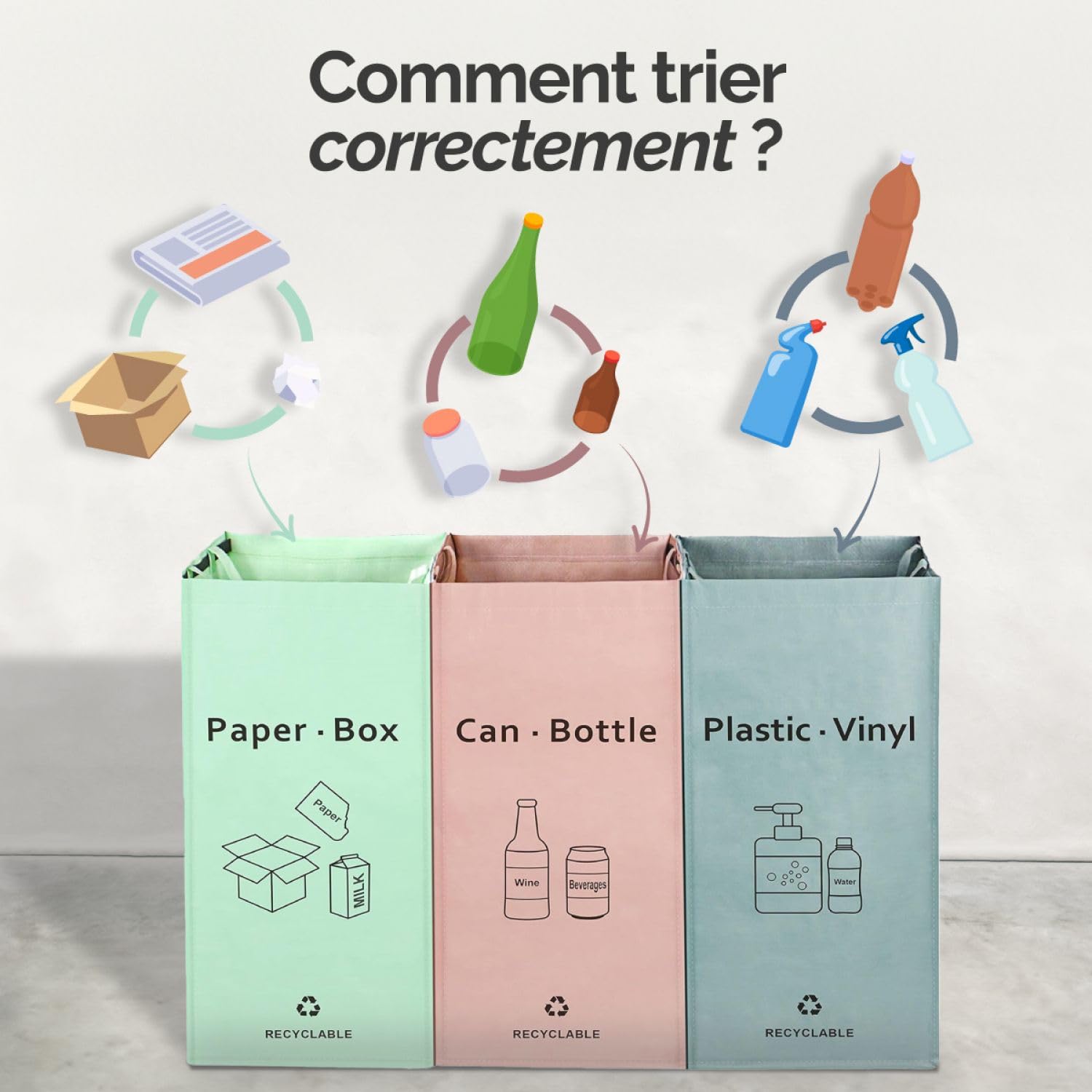 Lots de 3 sacs de recyclage réutilisables 160L pour tri sélectif