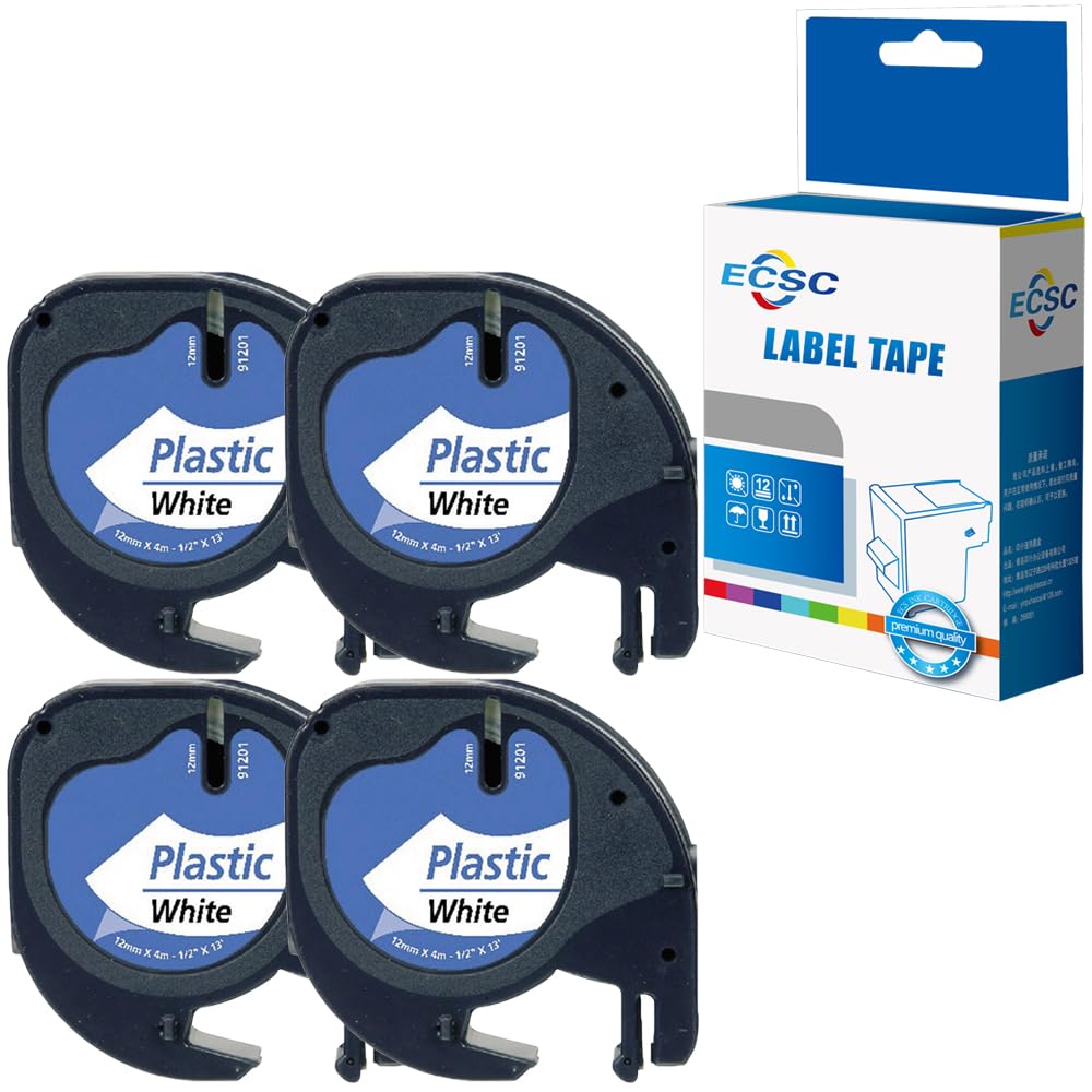 ECSC Compatible Label Tape Replacement for Dymo LetraTag LT-100H LetraTag LT-100T LetraTAG XR Label S0721610 (Black on White, 4-Pack)