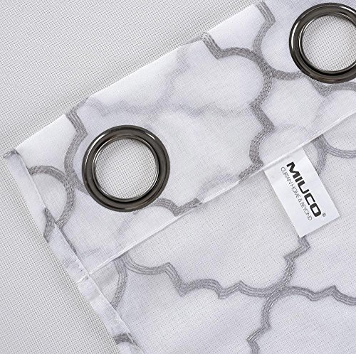 Miuco White Sheer Curtains Embroidery Trellis Design Grommet Curtains 63 Inches Long For Bedroom 2 Panels (2 X 37 Wide X 63" Long) White/Silver Embroidery #TOP3