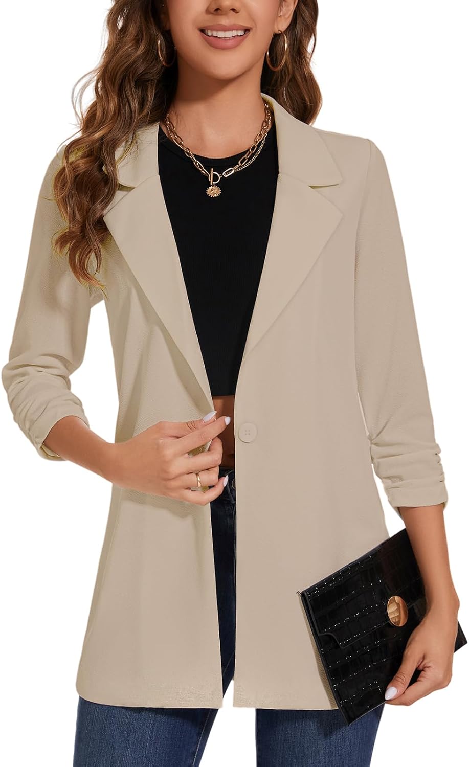 Women's Long Blazer Jackets Button Front Lapel Ruched 3/4 Sleeve Business Casual Office Work Lightweight Blazers - Image 6