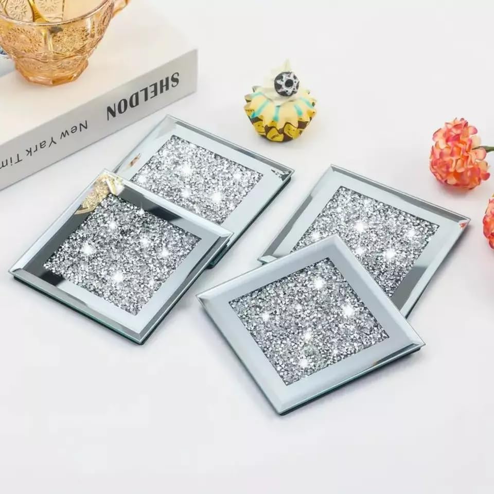 SERENAS 4 Pack Crushed Diamond Crystal and Mirror Coasters Set of 4 Glittering Silver Coasters for Home Kitchen Bar & Restuarant Decor (Square)