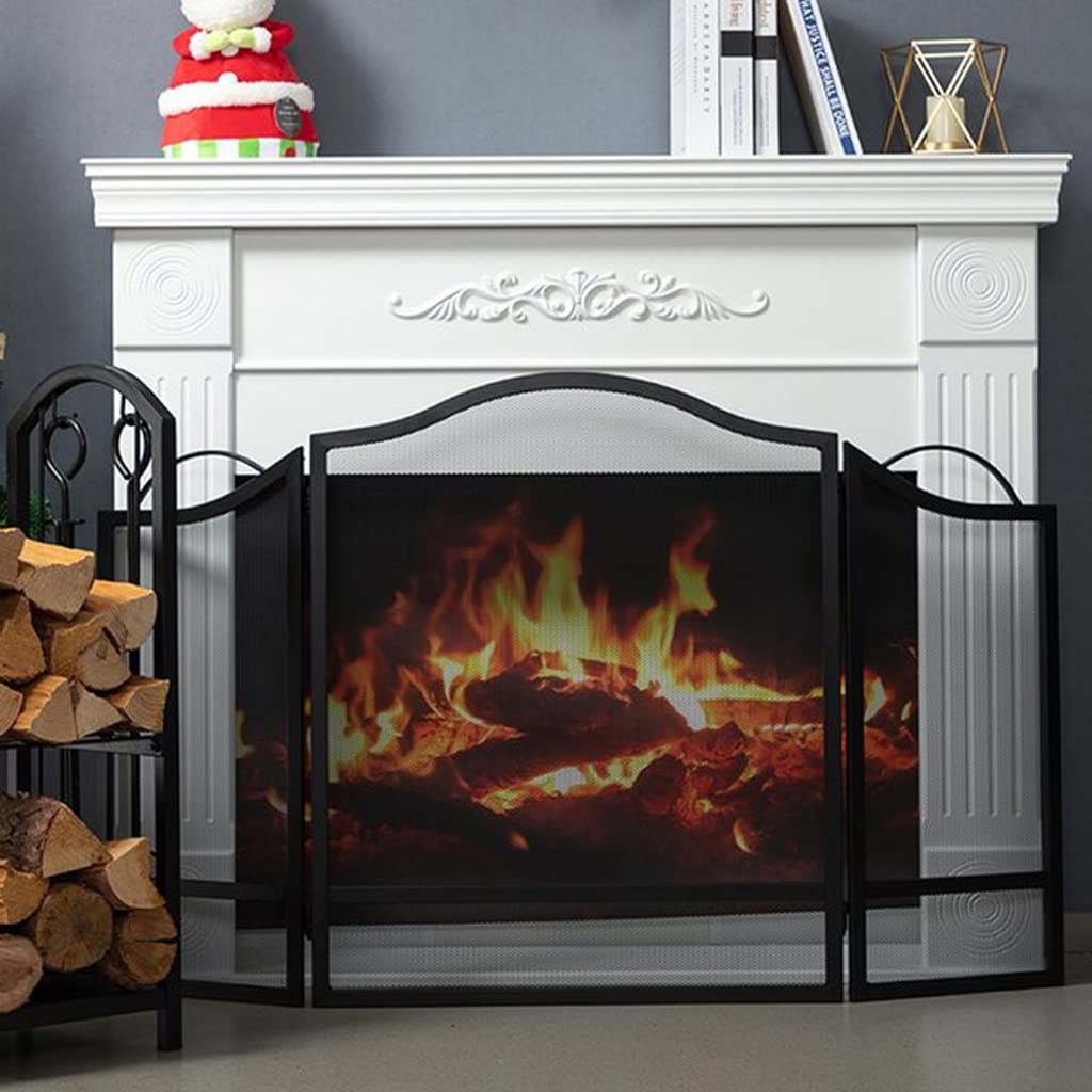 Salvachispas Chimenea Pantalla de Chimenea Metal Negro Panel ignífugo con Pantalla de Chimenea Neta Tres Pliegues Plazo de Piso a Techo Cerca de Techo Chimenea Decoración de la Puerta
