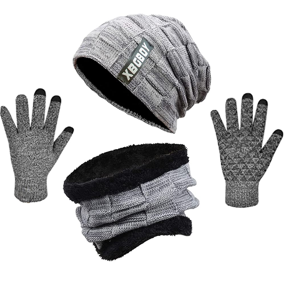 Winter Beanie Mütze Schal und Touchscreen Handschuhe Set, Strick-Thermo-Set mit Kuscheligem Fleece-Futter, Slouchy Beanie-Kappe, Nackenwärmer und Handschuhe für Damen und Herren