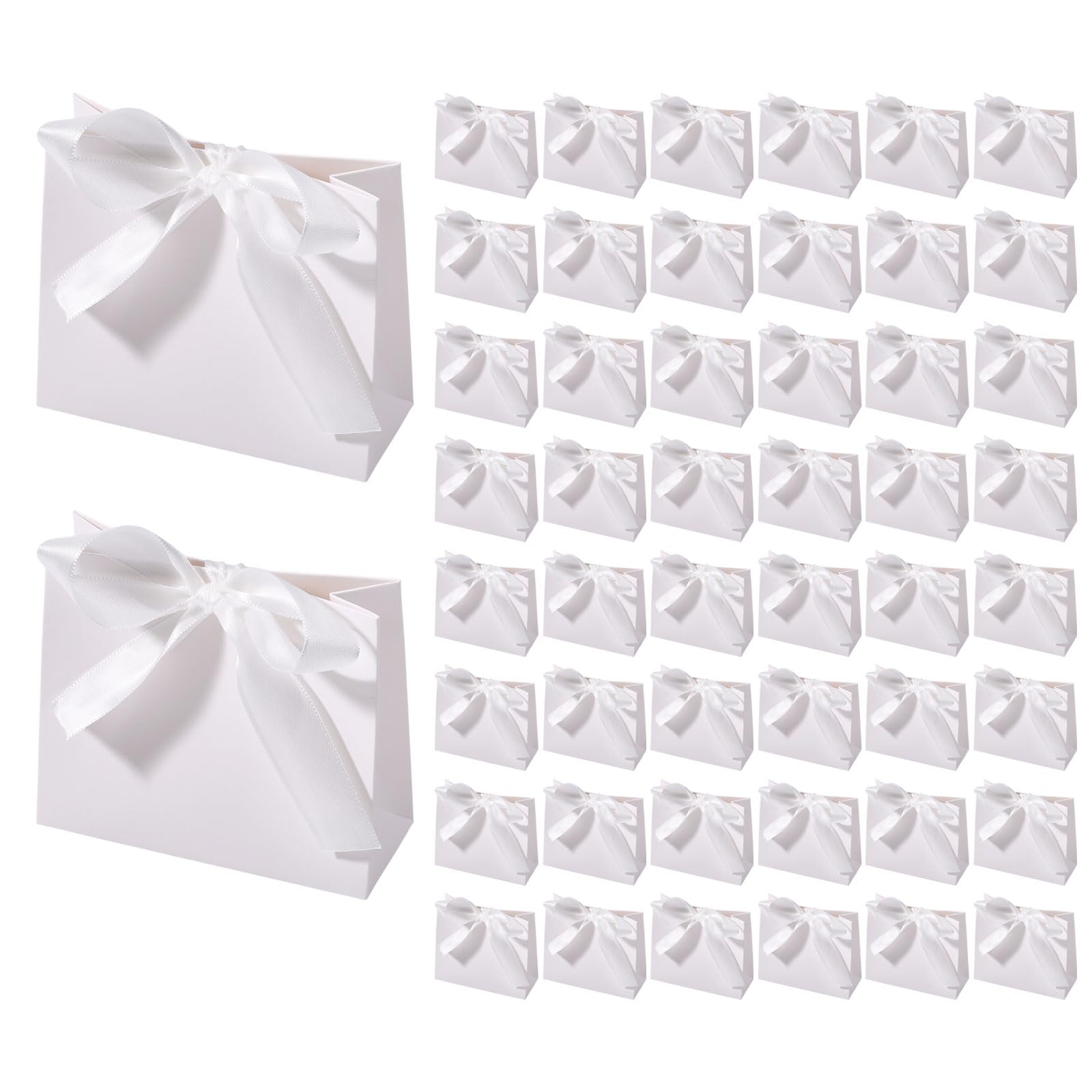 GLOBLELAND 50 Pcs Paper Gift Bags Bulk with White Bow Ribbon 5.47''x6.3''x1'' Thank You Gift Bags with Handles Party Favor Bag for Wedding Party Favor Birthday Return Guests