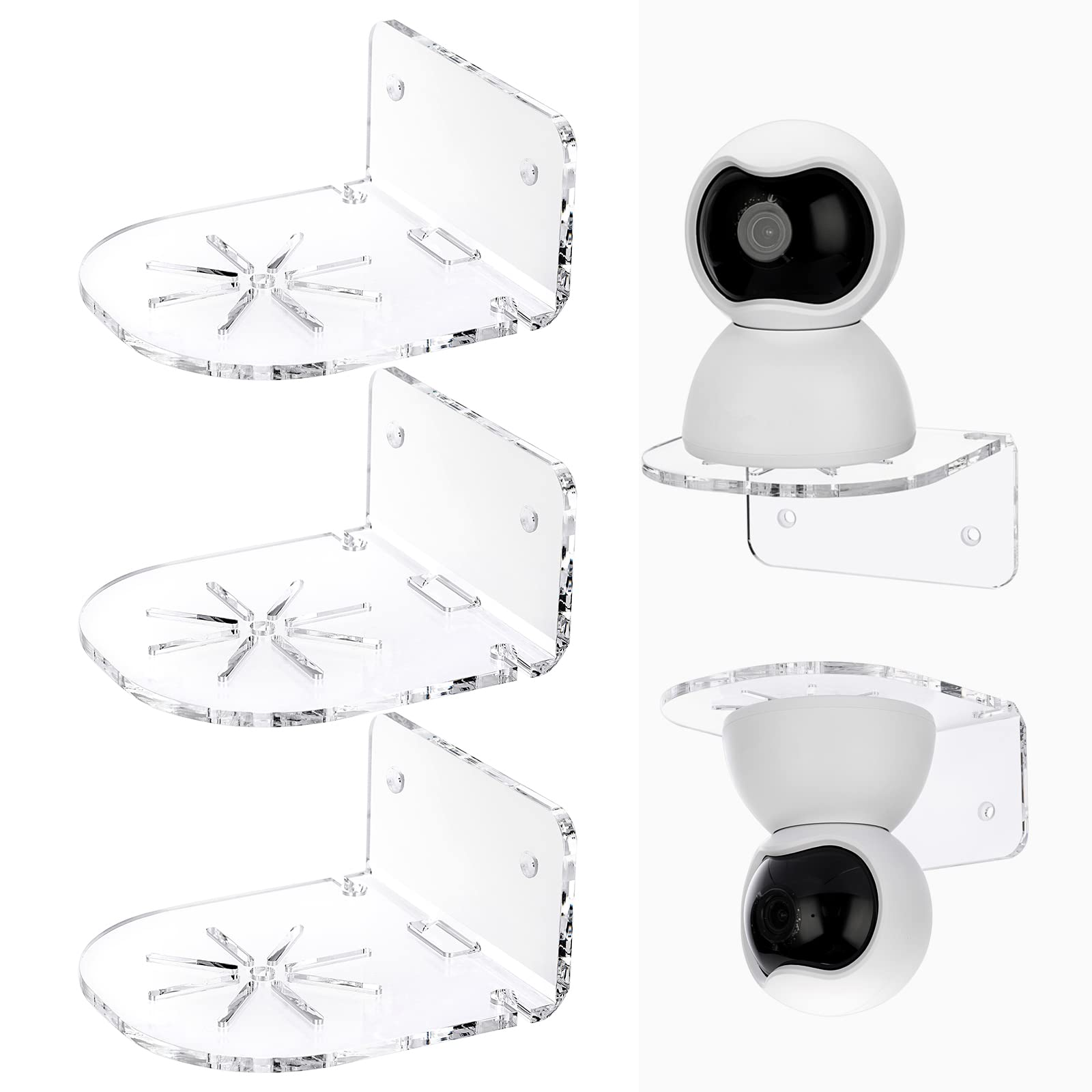 JUXYES Pack of 3 Wall Mount Small Security Camera Holder, Acrylic Surveillance Camera Holder Wall Self Adhesive Shelf, Universal Wall Ceiling Stand for Security Cameras, Speakers, Baby Monitors