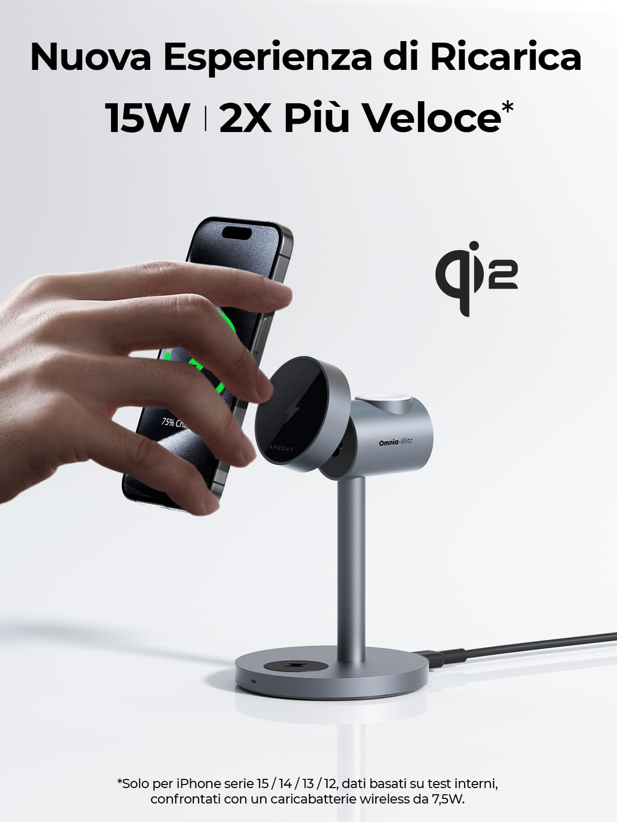 AMEGAT Stazione di Ricarica 3-in-1 compatibile con Magsafe, 15W Caricatore Wireless Certificato Qi2 per iPhone 17/Air/16/15/14/13/12 Serie, Apple Watch, AirPods (Caricatore USB-C da 30W Incluso)