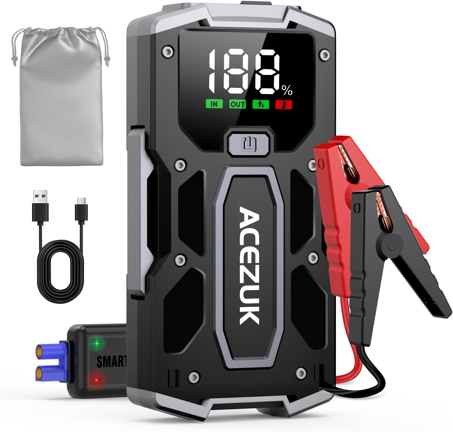 ACEZUK Starthilfe Powerbank 6000A (Bis Zu 7,0L Benzin Oder 5,5L Diesel) Auto Starthilfe mit LED-Taschenlampe, großen Bildschirm