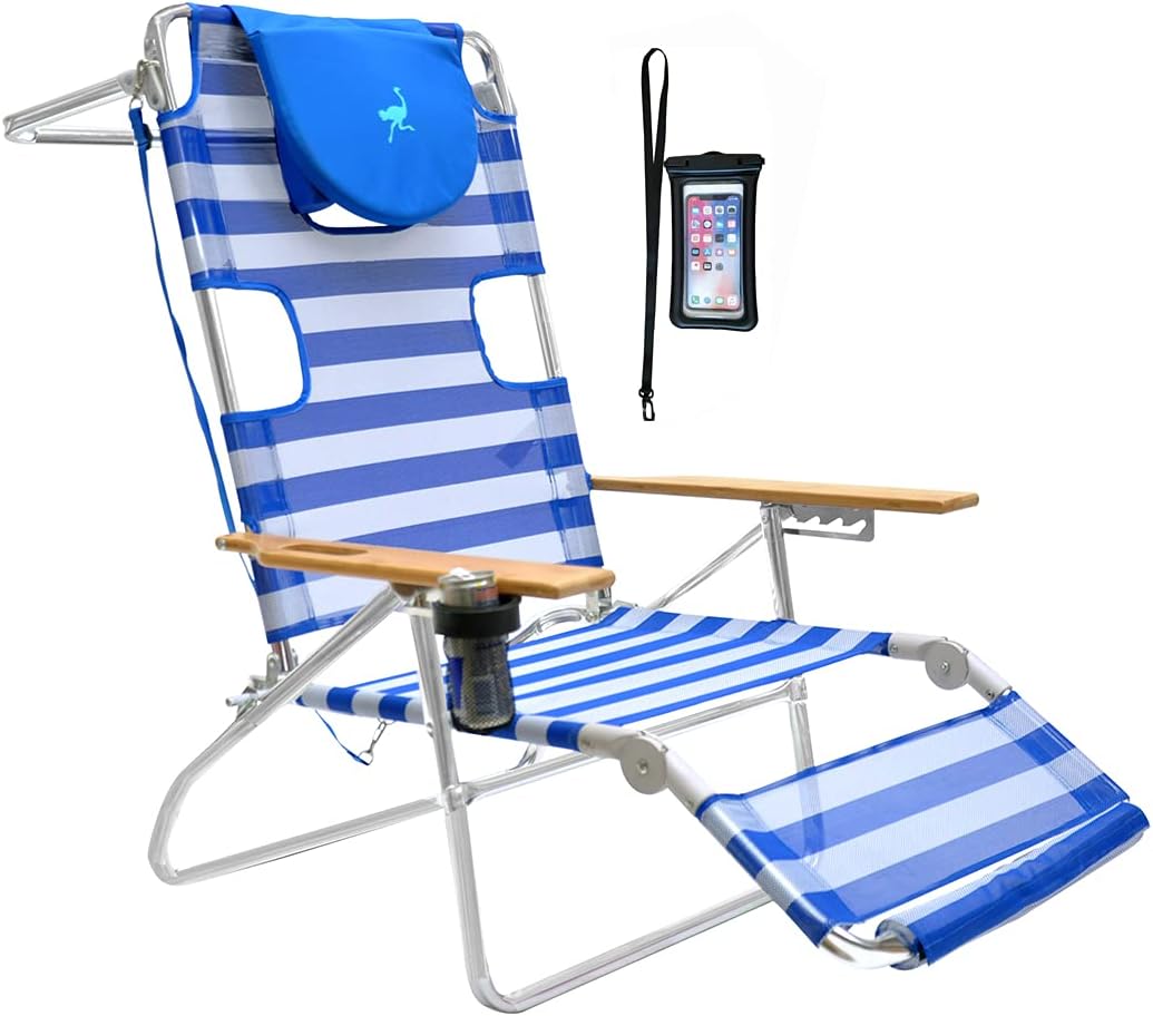 Ostrich 5 Position 3N1 LayFlat Aluminum Beach Chair Lounger Chaise with Cell Pouch, Face Hole