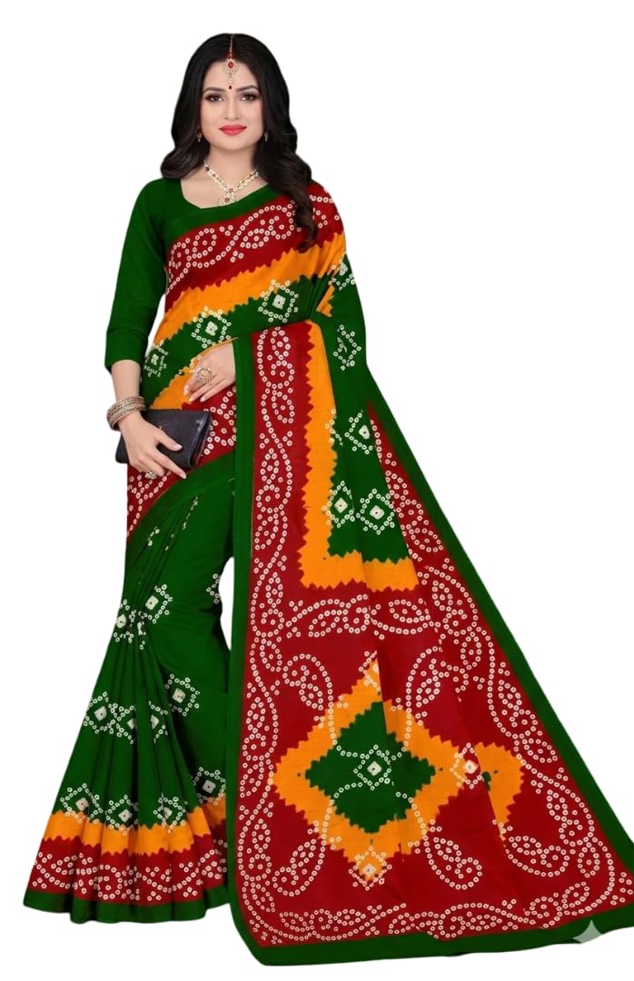sarkar sarees Women Cotton Printed Saree Without Blouse Piece | Lightweight Green Bandhani Print Saree for Ethnic Drape for Women-picture-56