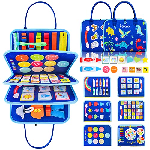 Image of iooo Toddler Busy Board Montessori Toys for 1 2 3 4 Year Old, Sensory Board with Buckles Educational Activities for Learning Fine Motor Skills, Gifts Toy for Girls Boys for Airplane Car (Blue-5)