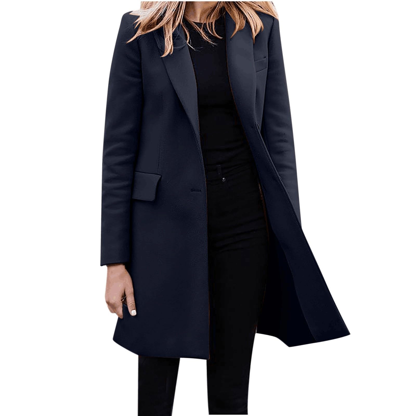 Veste blazer élégante pour femme - Manteau en laine pour femme - Long blazer - Grandes tailles - Trench élégant à revers - Manteau d'hiver en coton - Veste mi-saison avec poches - Coupe-vent - Manteau