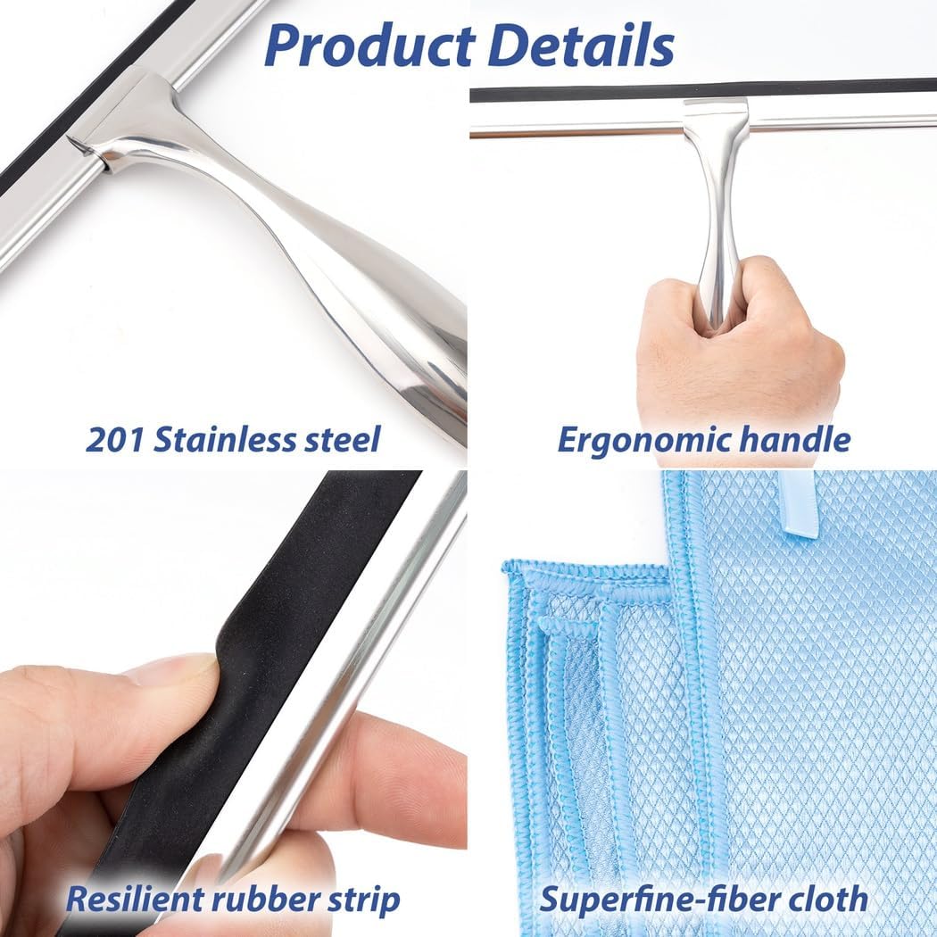 Shower Squeegee Set For Bathroom, Includes 2 Stainless Steel Squeegees (10” & 12”), Microfiber Cloths, And Wall Hooks