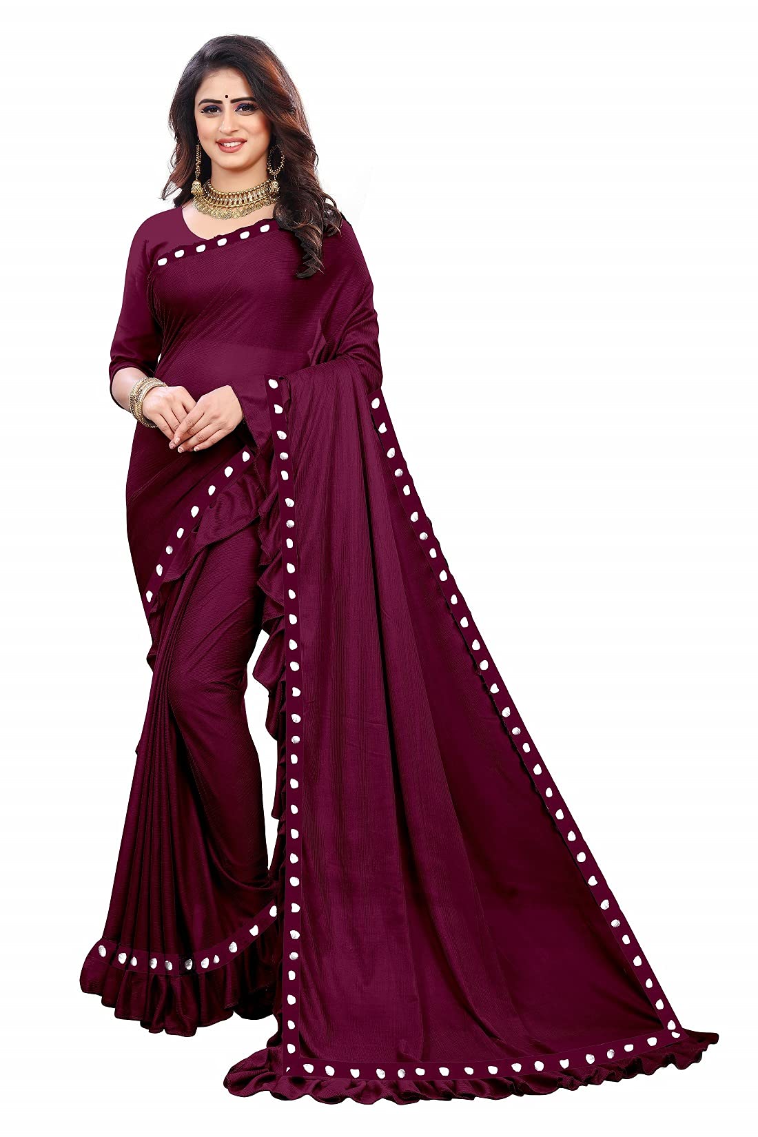 kitkina Women's Woven Lycra Blend Saree With Blouse Piece (lycra wine_Purple, wine)