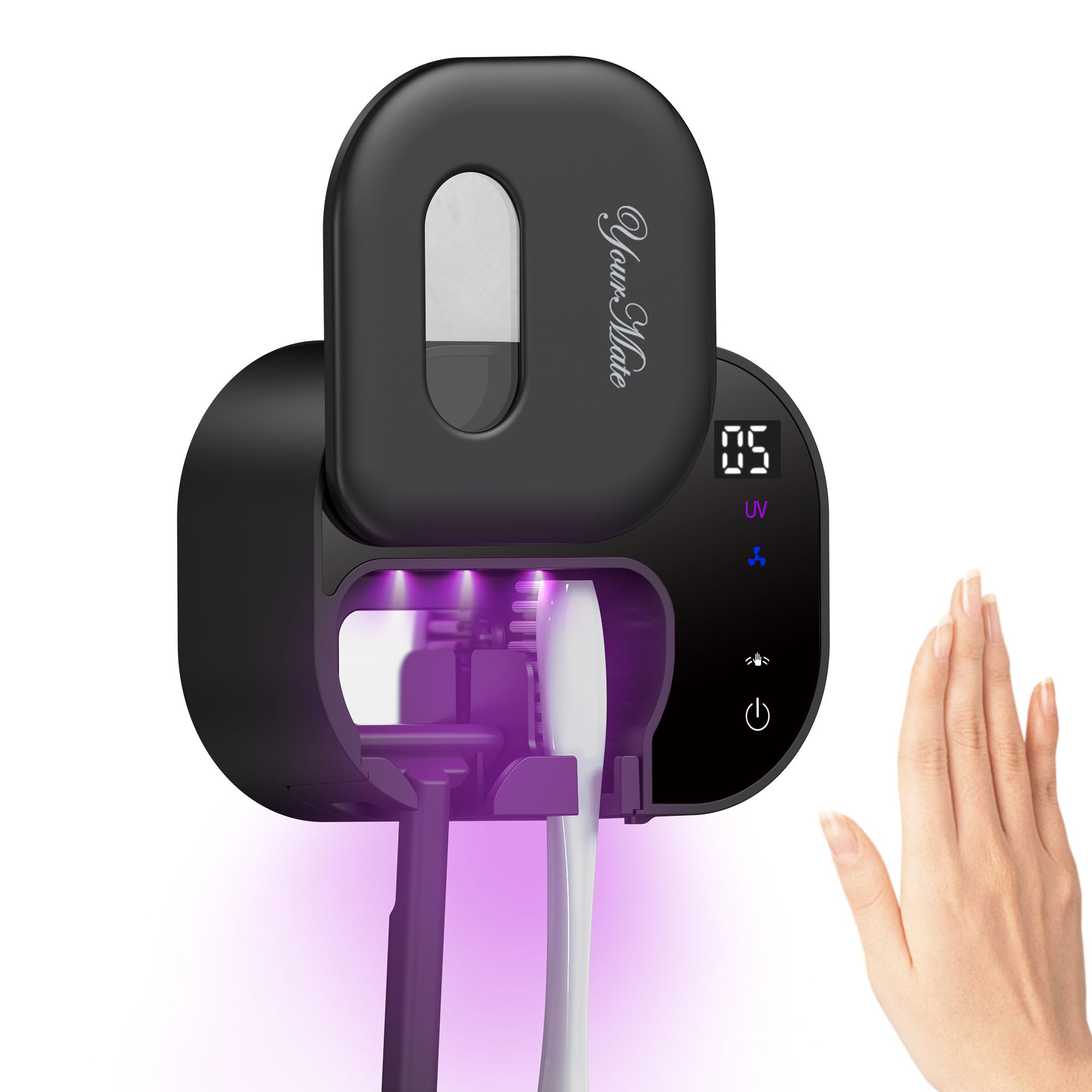 YourMate Portaspazzolino per bagno, ricaricabile, da parete, con coperchio e ventola con sensore intelligente, pulizia automatica 5 minuti, 2 slot di tipo