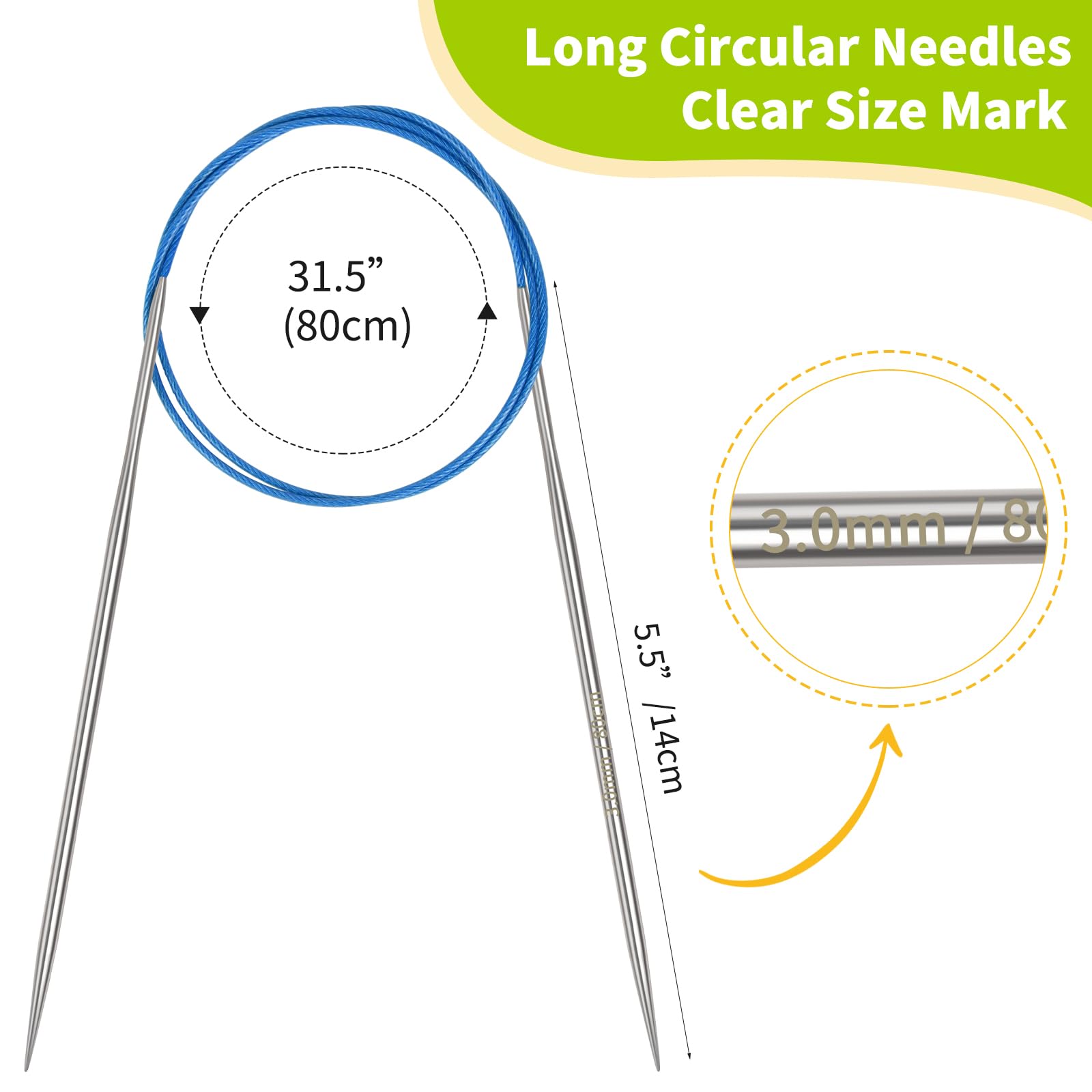 Coopay 3mm Circular Knitting Needles 80cm Long, Metal Circular Needles with Flexible Cable - Image 2