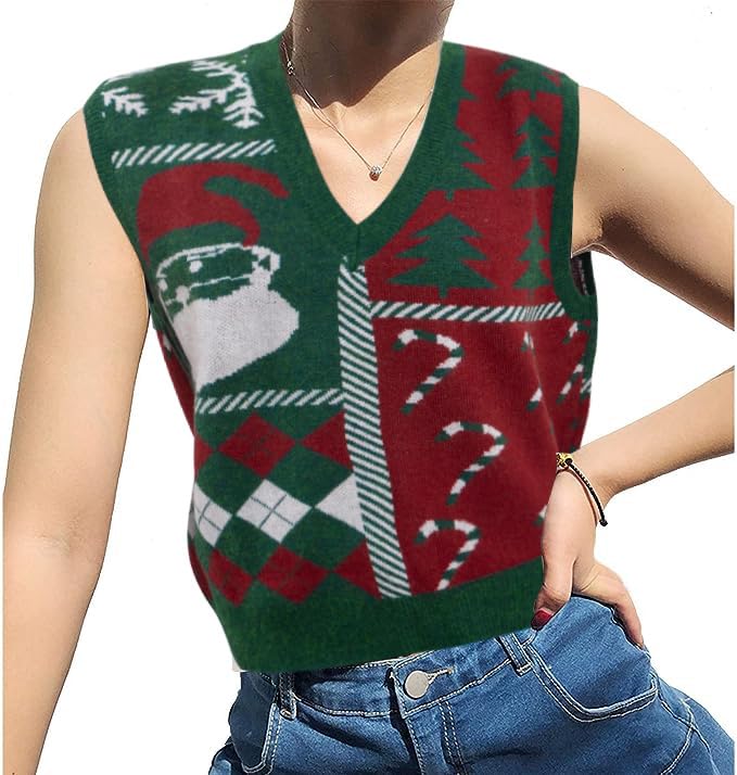 JULYCLO Christmas Vests for Women Ugly Xmas Reindeer Knitted Sweaters Casual Santa Snowflake V Neck Sleeveless Outwear Tops4