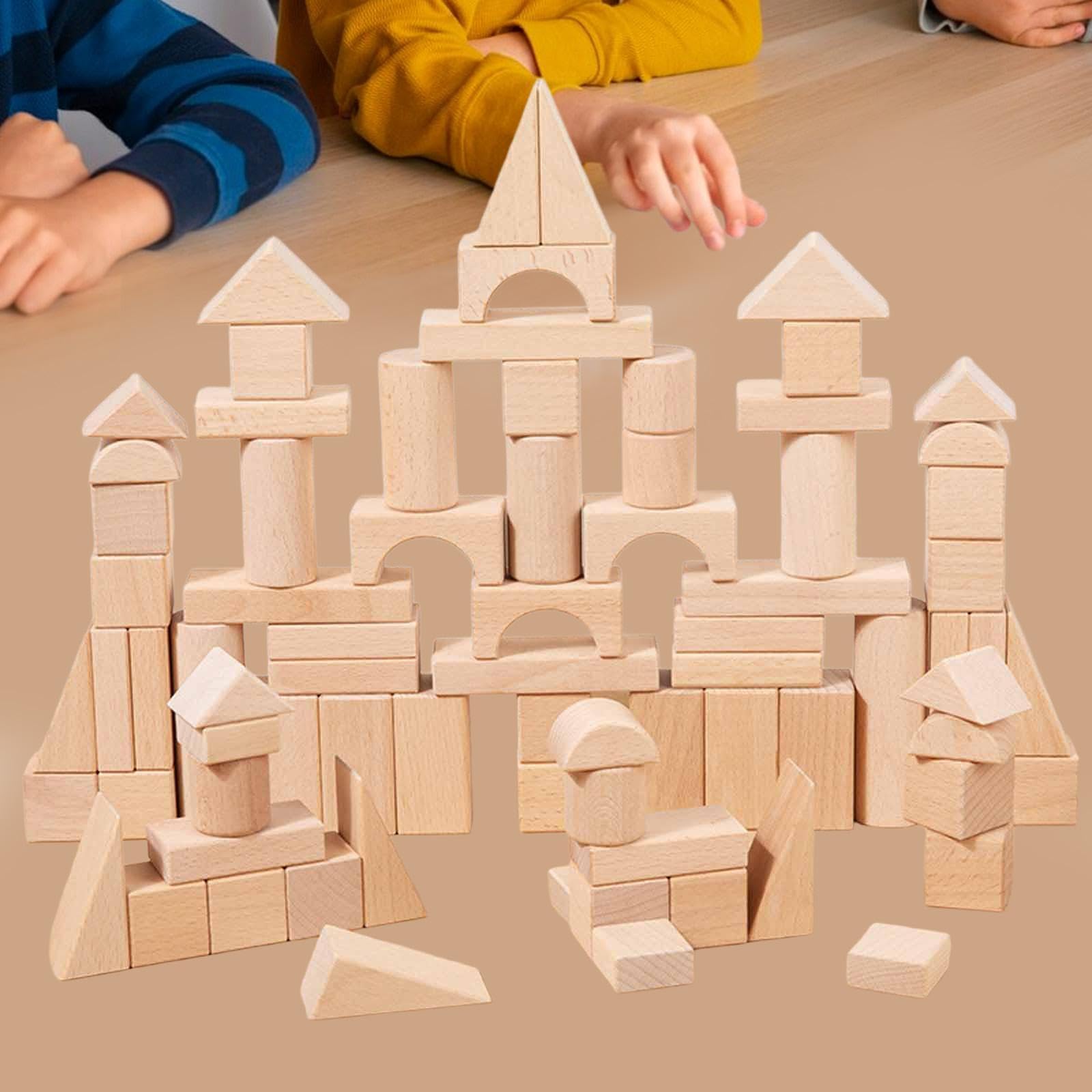 Almencla Bausteine Set Holzbausteine Lernspielzeug Bauklötze Kinder Kreativität Feinmotorik Funktion Stapelblöcke für Vorschule Klassenzimmer Eltern Kind Spiel, Holzfarbe