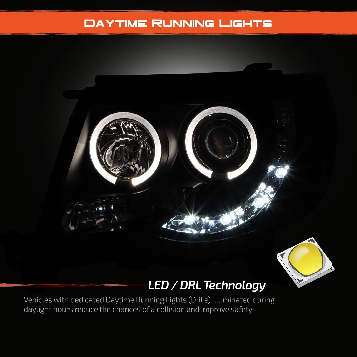 AKKON - For 05-11 Toyota Tacoma Pickup Black Bezel Dual Ring Design Projector LED Replacement Headlights