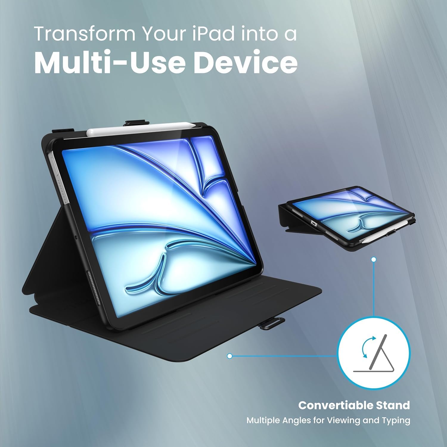 Speck iPad Air 11 Hülle M4 2026 kompatibel mit iPad Air 11 Zoll M4/M3/M2 (2026/2025/2024) mit Stifthalter, Fall- und Kameraschutz, schlanker Multi-Range-Ständer, Balance Folio - Schwarz