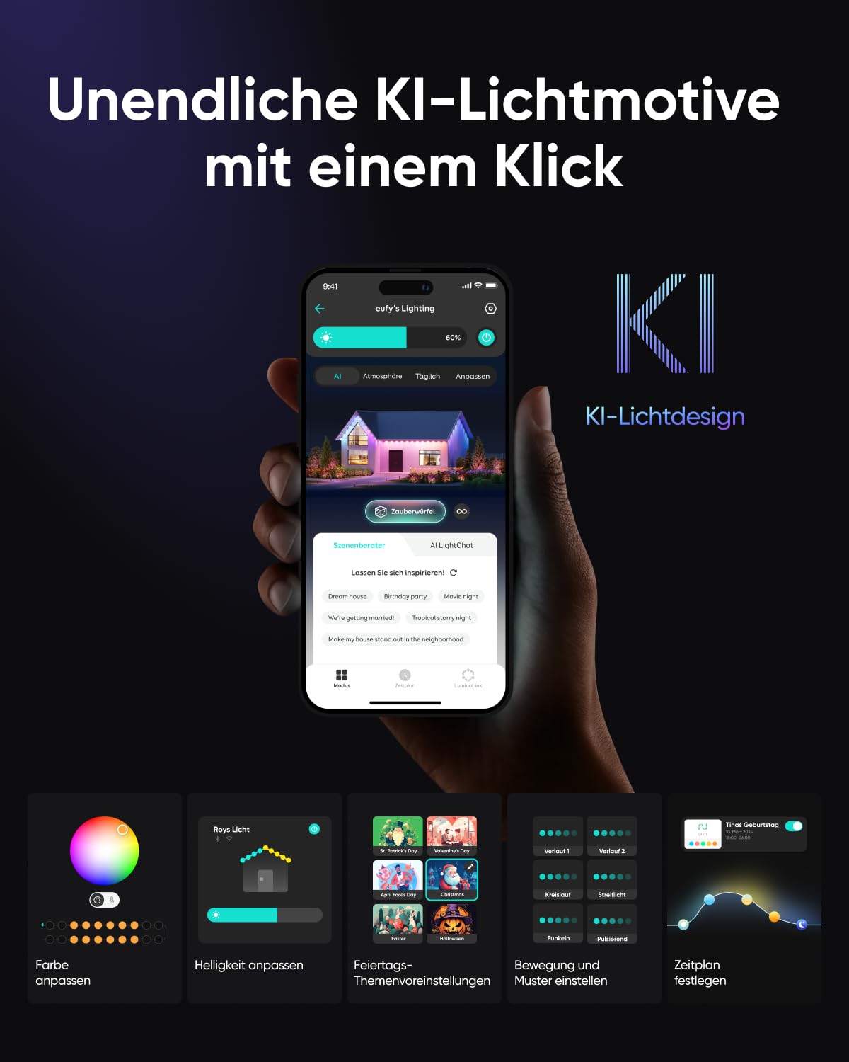 eufy Permanent Outdoor Light E22, 30m mit 60 Triple-LEDs, Smarte RGBWW-Lichter, Alltag & Festtage, bis zu IP67 Wasserdicht, KI-Beleuchtungsthemen für Weihnachten, Kamera-Kompatibel, App-Steuerung