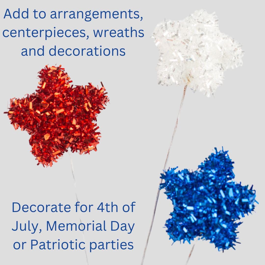 Pack of 6 Americana Star Picks - Sparkly Red, White and Blue Tinsel Star Stems for 4th of July, Memorial Day, Patriotic, Flower Arrangements, Centerpieces, Wreaths, and Decorations (12