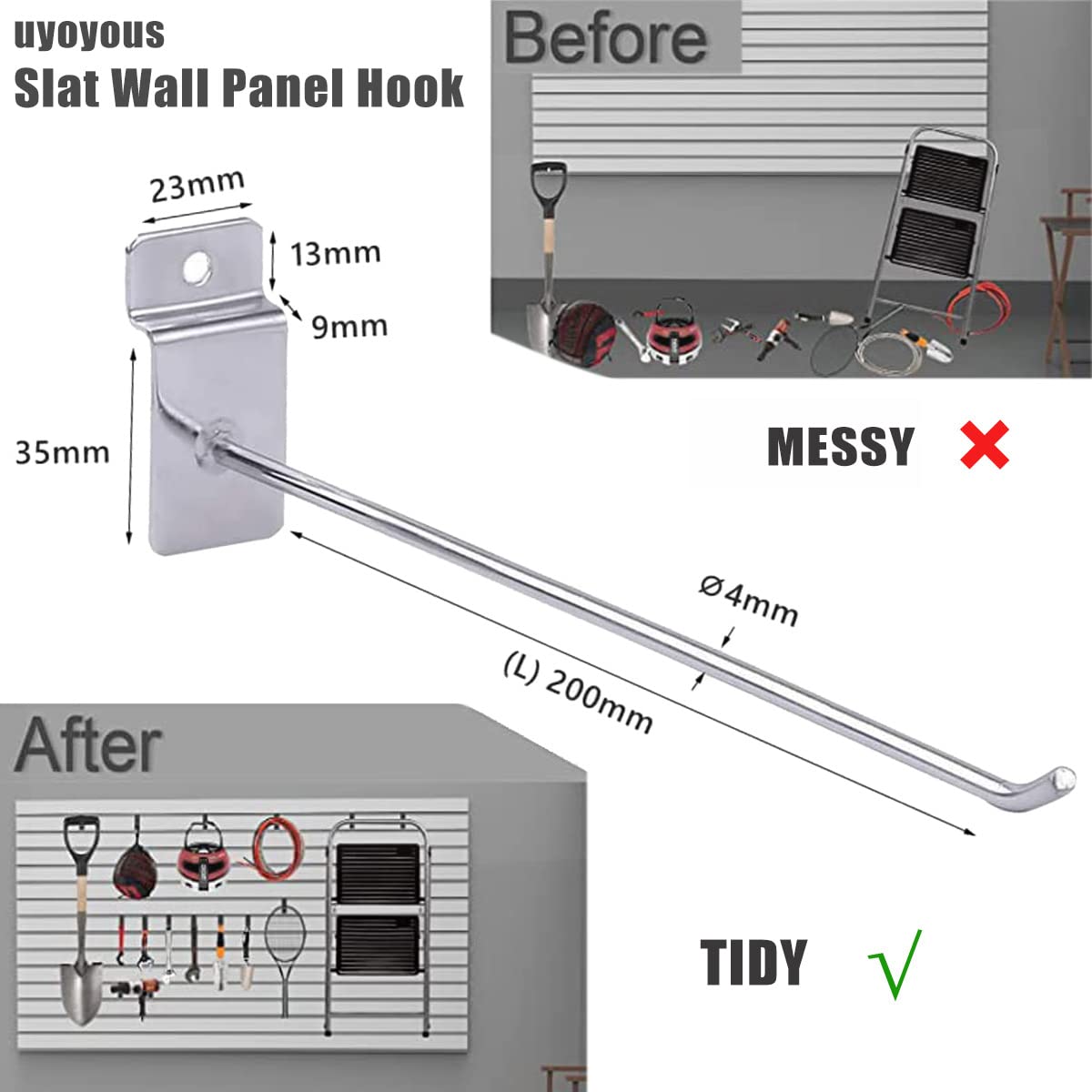 uyoyous Set di 100 ganci da parete per display Slatwall Hake 20 cm, ganci per slatwall, ganci da parete per attrezzi, per pareti lamellari in metallo per garage Retail Store