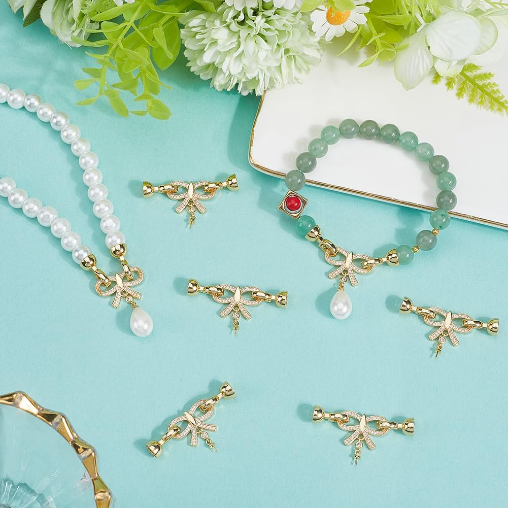 Beebeecraft 1 Box 8Pcs Cubic Zirconia Fold Over Clasps 18K Gold Plated Brass Bowknot Extender Clasp Closure Hexagon End Caps with Peg Bails for Pearl Necklace Bridal Wedding