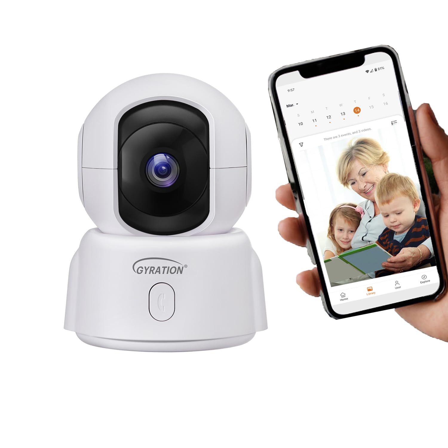 Gyration 1080P 360 Degree Indoor WiFi Home Security Camera for Pet/Baby/Elder/Nanny, Night Vision, Siren, Free 3-Day Recording in Cloud Storage for 2 Years, SD Storage, Compatible with Alexa & Google