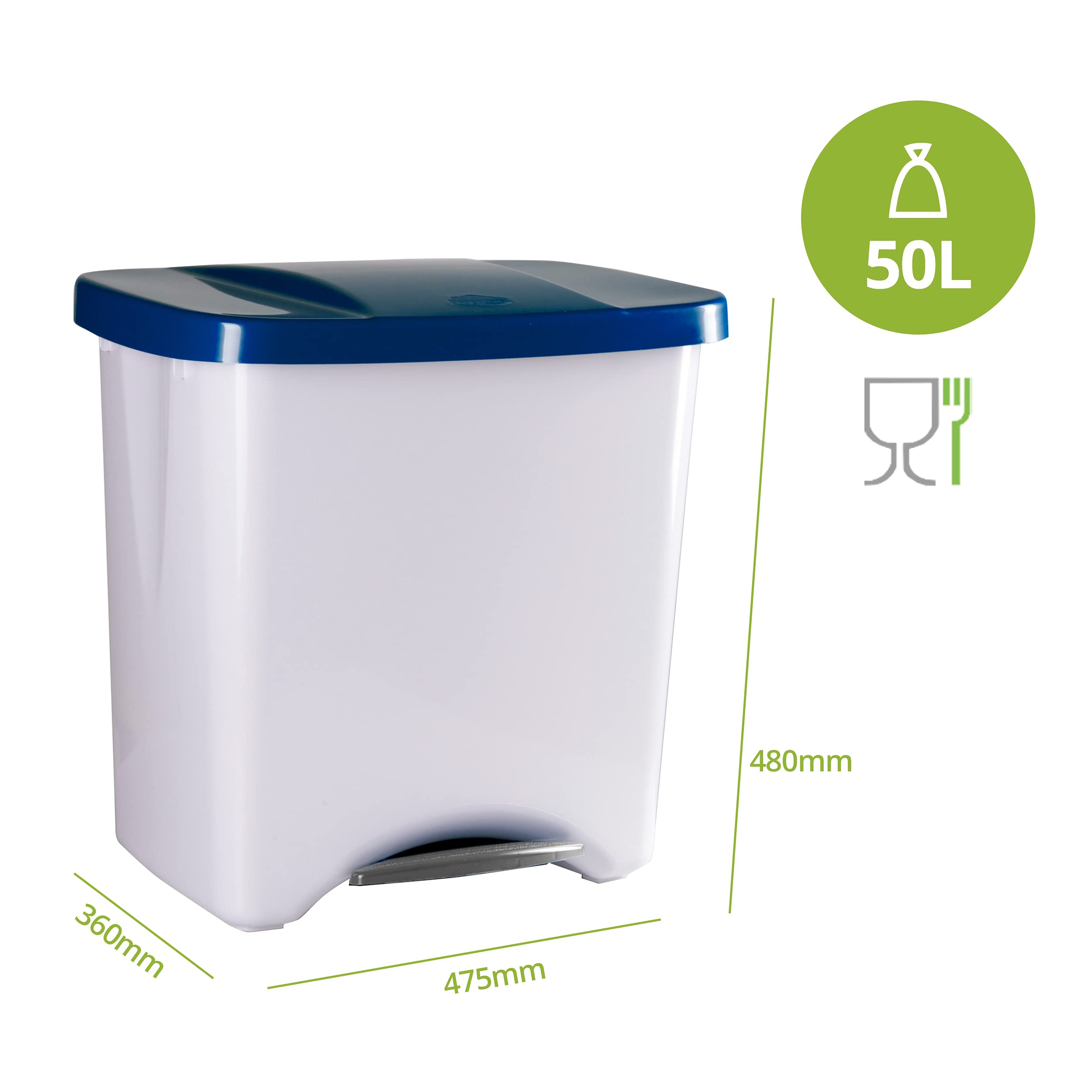 Cubo de Reciclaje con Pedal 50L Azul – Contenedor de Basura Ecológico para Cocina – Con Separadores Internos Ajustables, Plástico Resistente y Fácil Limpieza | Denox