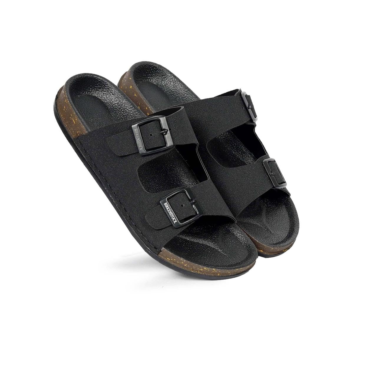 zavro Double Buckle Slide Sandals, Black, Cork Footbed, Open Toe, Casual Slip-On-picture-10