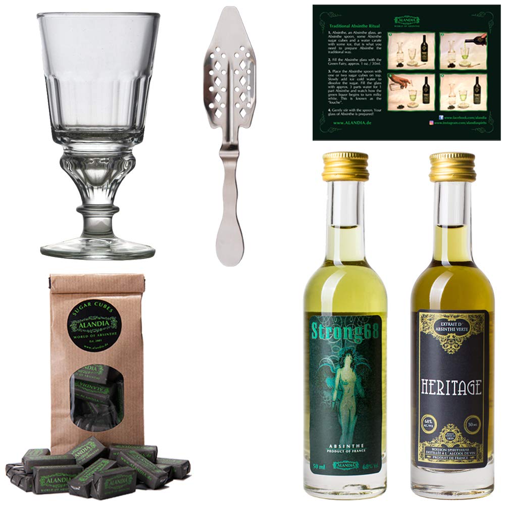 Absinth Starter Set von ALANDIA | Komplett mit original Absinthes (2x 50 ml) | 1x Reservoir Glas | 1x Edelstahl Löffel | 1x Zucker