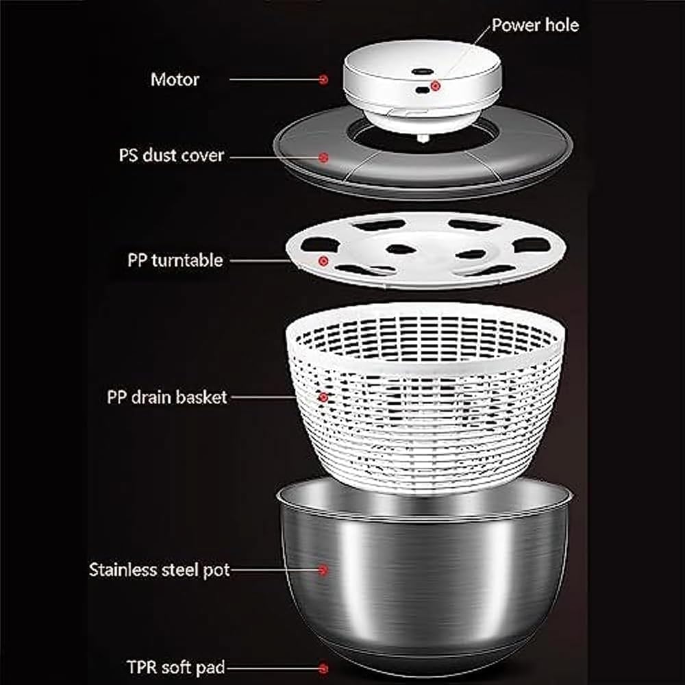 4.5l Electric Salad Spinner | USB Rechargeable | Smart Auto-Stop | Stainless Steel Veggie & Fruit Washer | Kitchen Essential for Fast Drying