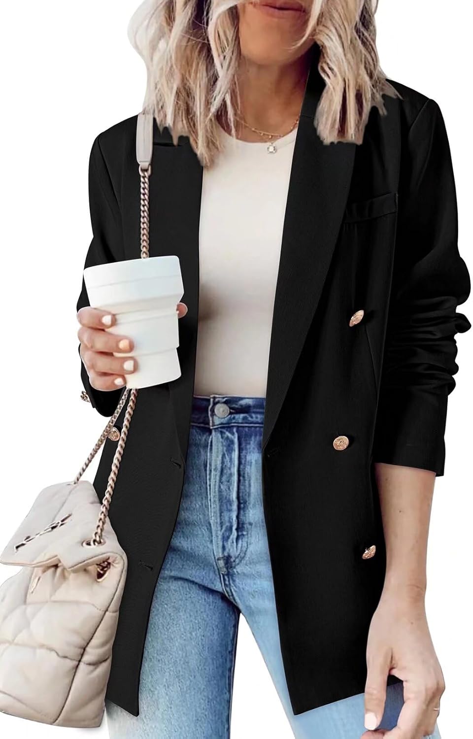 Dokotoo Womens Double Breasted Blazer Jackets Casual Blazers Open Front Long Sleeve Lapel Collar Work Office Jackets Blazer